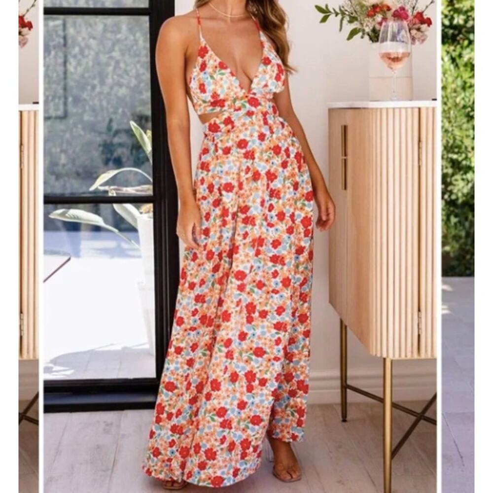 Priceless Floral Print Maxi Dress‎ Halter Neck Cutout Back Tie Waist Summer